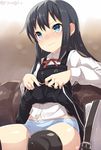  asashio_(kantai_collection) black_hair black_legwear blue_eyes blue_panties blush bow bow_panties buttons commentary_request dress dress_lift kantai_collection long_hair long_sleeves neck_ribbon panties pinafore_dress pleated_dress red_ribbon remodel_(kantai_collection) ribbon shirt sitting skirt skirt_lift solo thighhighs torimaru twitter_username underwear wavy_mouth white_shirt 