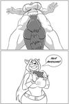  anthro canine clock-face clothing comic duo english_text female fox low-angle_view macro mammal monochrome muscular smile standing swimsuit text worm&#039;s-eye_view 