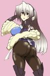  1girl android artist_request ass blue_eyes bodysuit breasts headgear horizon_ariadust huge_ass kyoukaisenjou_no_horizon large_breasts long_hair looking_at_viewer open_mouth pantyhose parted_lips shiny shiny_clothes shiny_hair sideboob silver_hair solo very_long_hair 