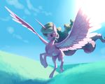  clestia cutie_mark day equine feathered_wings feathers female feral flying friendship_is_magic fur hooves horn mammal my_little_pony nadnerbd nude outside pink_eyes princess_celestia_(mlp) solo white_feathers white_fur winged_unicorn wings 