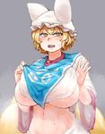  blonde_hair blush breasts chanta_(ayatakaoisii) dress dress_lift fox_tail hat highres large_breasts lifted_by_self looking_at_viewer multiple_tails navel nipple_slip nipples open_mouth pillow_hat short_hair solo stomach sweat tabard tail touhou upper_body wet wet_clothes white_dress yakumo_ran yellow_eyes 