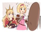  2girls ange_(angeban93) arm_guards armor bangs blonde_hair brown_eyes cagliostro_(granblue_fantasy) cape collarbone commission cropped_torso djeeta_(granblue_fantasy) gauntlets genderswap genderswap_(mtf) granblue_fantasy hairband hand_on_own_chin happy long_hair looking_at_another mirror multiple_girls open_mouth pink_hairband pink_ribbon puffy_sleeves purple_eyes red_cape ribbon short_hair smile sparkle tiara upper_body 