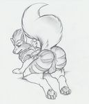  2016 all_fours anthro anthrofied anus arcanine arched_back athletic backsack balls blush butt canine digitigrade ear_piercing elbow_tufts fluffy fluffy_tail greyscale half-closed_eyes hindpaw male mammal monochrome nintendo nirvana3 nude pawpads paws penis piercing pok&eacute;mon presenting raised_tail rear_view shy solo stripes thick_thighs traditional_media_(artwork) tuft video_games 