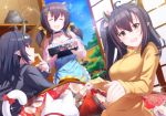  3girls abukuma_(azur_lane) ahoge apron azur_lane beckoning black_hair black_shirt bow brown_eyes cat choker collarbone earrings eating eyes_closed food fruit hair_between_eyes hair_ornament hairclip highres horns isuzu_(azur_lane) jewelry ken_ill kotatsu long_hair long_sleeves looking_at_viewer mandarin_orange multiple_girls nagara_(azur_lane) necklace one_side_up open_mouth pink_shirt pointy_ears red_eyes shirt sleeves_past_wrists sparkle table tail tail_bow twintails white_cat yellow_shirt 