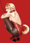  animal_ears ass bare_back blonde_hair breasts collar dog_collar dog_ears dog_tail hair_ornament hairclip high_heels kantai_collection leash leotard medium_breasts nathaniel_pennel open_mouth pantyhose playboy_bunny_leotard red_background red_eyes red_leotard remodel_(kantai_collection) ribs sideboob simple_background solo squatting tail yuudachi_(kantai_collection) 