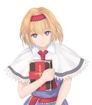  alice_margatroid blonde_hair blue_dress blue_eyes book book_hug capelet closed_mouth dress grimoire_of_alice hairband highres holding holding_book lolita_hairband looking_at_viewer sash short_hair smile solo touhou upper_body white_background white_capelet x&amp;x&amp;x 