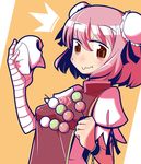  1girl bandaged_arm bandages blush brown_eyes chain chinese_clothes colorized dango double_bun dumpling eating food ibaraki_kasen looking_at_viewer maru-sun pink_hair puffy_short_sleeves puffy_sleeves short_hair short_sleeves simple_background solo touhou wagashi 