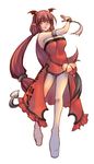  alternate_costume alternate_hairstyle bare_shoulders bat_wings breasts cleavage demon_tail flower full_body head_wings koakuma large_breasts long_hair low-tied_long_hair nikubanare parted_lips pointy_ears ponytail red_eyes red_hair sidelocks simple_background solo tail touhou very_long_hair white_background wings 