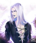  artist_name bare_chest blue_lipstick hat highres jojo_no_kimyou_na_bouken lavender_eyes leone_abbacchio lipstick long_hair looking_to_the_side makeup male_focus nyapapa plant signature silver_hair solo upper_body 