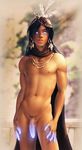  abs black_hair cape clothes earrings electricity feathers flaccid jewelry long_hair looking_at_viewer male muscles native_american navel necklace nipples nude pecs penis solo standing testicles yuni 