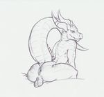  2016 anthro anus backsack balls butt dragon horn leaning leaning_forward looking_back male monochrome nirvana3 nude presenting presenting_hindquarters raised_tail rear_view scalie sitting sketch smile solo spines thick_tail traditional_media_(artwork) 