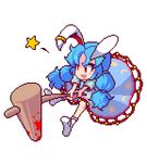  :d animal_ears bangs blood blue_dress blue_hair bunny_ears commentary_request dress ear_clip full_body hair_tie holding holding_mallet ichi_et kine legacy_of_lunatic_kingdom low_twintails lowres mallet open_mouth pixel_art red_eyes seiran_(touhou) short_hair short_sleeves smile socks solo star star_print touhou twintails white_background white_legwear 