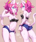  anthro armpits blue_eyes blush bracelet breasts butt clothed clothing cute_fangs dessert feline female food fur hair ice_cream jewelry kemono ksyaro mammal navel open_mouth pink_fur pink_hair ponytail ring skimpy skinny small_breasts solo sweat wide_hips 
