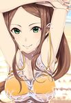  armpits arms_up bikini breasts brown_hair cleavage collarbone eyebrows green_eyes haruichi idolmaster idolmaster_cinderella_girls large_breasts long_hair looking_at_viewer matsuyama_kumiko nail_polish outstretched_arms smile solo swimsuit underboob upper_body very_long_hair wet wet_clothes yellow_bikini 