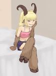  alternate_costume alternate_eye_color alternate_hair_color animal_ears baphomet_(monster_girl_encyclopedia) bare_shoulders belt blonde_hair breasts commentary crop_top crossed_legs demon_girl derivative_work fur goat_ears goat_horns goat_tail green_eyes grin highres hooves long_hair looking_at_viewer midriff miniskirt mithril_(pixiv9140955) monster_girl monster_girl_encyclopedia navel parody paws sitting skirt small_breasts smile solo style_parody tank_top teeth twintails 