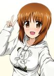  boko_(girls_und_panzer) brown_eyes brown_hair copyright_name diesel-turbo girls_und_panzer hood hooded_sweater hoodie looking_at_viewer meta nishizumi_miho open_mouth pov reaching_out self_shot short_hair sleeves_past_wrists stuffed_animal stuffed_toy sweater teddy_bear v white_sweater 