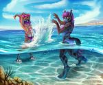  2016 anthro bikini black_fur body_hair cheek_tuft clothing collaboration detailed_background digitigrade duo ear_tuft elbow_tufts fangs feline fur gale_frostbane hair happy_trail inner_ear_fluff lynx mammal mane outside partially_submerged pink_nose purple_hair saber-toothed_cat sabertooth_(feature) sea signature skiaskai splashing strobes swimming_trunks swimsuit tan_fur tazara tuft water whiskers 