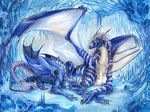  blue_fur claws dragon duo female feral fur furred_dragon hair ice isvoc lying male membranous_wings nude sleeping smile traditional_media_(artwork) white_fur white_hair wings 