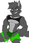  abs akatsukishiranui-fox anthro boxers_(clothing) bulge canine clothing fur green_eyes grey_fur grin male mammal multicolored_fur muscular muscular_male pinup pose shorts simple_background solo teeth two_tone_fur underwear white_background wolf 