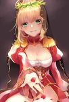  bad_id bad_pixiv_id blonde_hair blush breasts cleavage commentary_request dress epaulettes fate/extra fate_(series) green_eyes highres ichinosenen laurel_crown looking_at_viewer medium_breasts nero_claudius_(fate) nero_claudius_(fate)_(all) outstretched_arm parted_lips petals red_dress smile solo veil 
