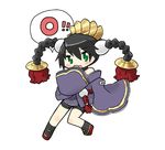  ar_tonelico ar_tonelico_i bare_shoulders bike_shorts black_footwear black_hair black_shorts blush boots braid chibi covering_mouth eyebrows eyebrows_visible_through_hair full_body green_eyes hair_between_eyes head_tilt japanese_clothes long_hair looking_at_viewer misha_arsellec_lune open_mouth platform_footwear serizawa_enono shorts simple_background sleeves_past_wrists solo speech_bubble standing twin_braids twintails white_background wide_sleeves 