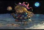  american_flag_dress blonde_hair clownpiece commentary dress earth fairy_wings hat innertube jester_cap koto_inari long_hair makeup runny_makeup sad solo thought_bubble touhou water wet wings 