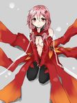  bare_shoulders black_legwear breasts cacao_ajajas center_opening cleavage commentary_request detached_sleeves elbow_gloves fingerless_gloves gloves guilty_crown hair_ornament hairclip highres long_hair looking_at_viewer navel pink_hair red_eyes sketch solo twintails yuzuriha_inori 