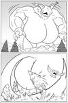  anthro big_breasts breasts clock-face comic digimon female gatomon hair huge_breasts hyper hyper_breasts macro monochrome muscular nude outside solo standing 