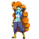  2015 alien armpits blue_eyes blue_skin boots breasts cleavage clothed clothing dragon_ball dragon_ball_z ear_piercing footwear hair hands_behind_head long_hair looking_at_viewer midriff navel not_furry orange_hair pelvic_muscle piercing plagueofgripes pointy_ears simple_background smile standing tube_top white_background zangya 