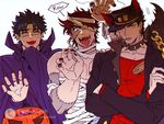  animal_ears bandage_over_one_eye black_hair black_nails blue_eyes brown_hair cape chain cigarette coat collar fangs hat jojo_no_kimyou_na_bouken jonathan_joestar joseph_joestar_(young) kuujou_joutarou male_focus multiple_boys mummy_costume nail_polish open_mouth purple_eyes red_nails spiked_collar spikes sweat tail tongue tongue_out watermark wolf_ears wolf_tail yway1101 