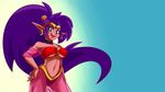  2015 breasts choker cleavage clothed clothing ear_piercing female genie hair hand_on_hip headband hi_res looking_at_viewer midriff navel open_mouth piercing plagueofgripes pointy_ears ponytail purple_hair shantae shantae_(series) smile solo teal_eyes translucent transparent_clothing 