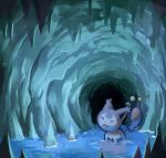  cat cave closed_mouth commentary creature creatures_(company) dark english_commentary eyes_closed game_freak gen_3_pokemon highres nintendo no_humans pokemon pokemon_(creature) skitty solo standing thumpleweed water 