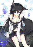  animal_ears bare_shoulders black_hair black_skirt breasts cleavage collarbone floral_background fox fox_ears fox_tail highres horomasa long_sleeves medium_breasts midriff navel original sitting skirt sleeves_past_wrists slit_pupils solo tail 