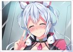  ahoge blush choker closed_eyes closed_mouth collarbone gem hair_between_eyes hair_rings hairband head_tilt innocent_cluster light_blue_hair long_hair matoi_(pso2) milkpanda nose_blush phantasy_star phantasy_star_online_2 photo_(object) smile solo tape w 