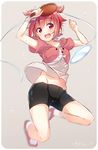 2016 :d absurdres ball bike_shorts black_shorts blurry blush breasts dated depth_of_field eyebrows eyebrows_visible_through_hair full_body grey_background groin head_tilt highres holding medium_breasts midriff navel nijihashi_sora number open_mouth paddle red_eyes red_hair shakunetsu_no_takkyuu_musume shirt short_sleeves short_twintails shorts signature sketch smile solo sweat sweatband table_tennis_ball table_tennis_paddle tsumujikaze_koyori twintails 