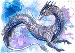  ambiguous_gender blue_eyes blue_scales claws dragon eastern_dragon feral fur furred_dragon horn isvoc nude ridged_horn scales solo traditional_media_(artwork) watercolor_(artwork) white_fur 