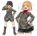  :d ankle_boots black_skirt blonde_hair blue_eyes blush boots brown_footwear eyebrows eyebrows_visible_through_hair fang girls_und_panzer hair_between_eyes hand_on_hip hands_on_hips helmet highres katyusha looking_at_viewer military military_uniform motion_lines multiple_views norinco open_mouth pravda_military_uniform pravda_school_uniform red_shirt school_uniform shirt simple_background skirt smile standing translation_request turtleneck uniform v-shaped_eyebrows white_background 