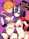  :d alternate_costume animal_ears armor armpits ass_visible_through_thighs bad_id bad_pixiv_id bikini_armor black_hair blush breasts cameltoe cat_ears choker cleavage commentary_request cosplay cowboy_shot dangerous_beast elbow_gloves elizabeth_bathory_(brave)_(fate) elizabeth_bathory_(brave)_(fate)_(cosplay) elizabeth_bathory_(fate) elizabeth_bathory_(fate)_(all) fangs fate/grand_order fate_(series) fujimaru_ritsuka_(female) gem gloves groin halloween halloween_costume horns lace lace-trimmed_thighhighs large_breasts loose_bikini mash_kyrielight mash_kyrielight_(cosplay) multiple_girls nachisuke navel o-ring oni oni_horns open_mouth orange_eyes orange_hair purple_eyes purple_legwear short_hair shuten_douji_(fate/grand_order) simple_background small_breasts smile thighhighs trick_or_treat wardrobe_malfunction 