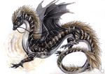  ambiguous_gender black_skin brown_hair claws dragon feral hair isvoc membranous_wings nude simple_background solo striped_skin stripes traditional_media_(artwork) white_background wings 