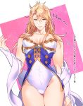  1girl aglovale_(granblue_fantasy) androgynous arrow bare_shoulders blonde_hair bulge closed_mouth collarbone crossdressing detached_sleeves eyelashes granblue_fantasy hips leotard long_hair looking_down pink_background pokosuka shrug_(clothing) square thighs trap 