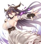 bandaged_arm bandages black_gloves black_hair breasts covered_nipples danua draph dress fingerless_gloves gloves granblue_fantasy hair_between_eyes horns lang_(chikage36) large_breasts long_hair looking_at_viewer outstretched_arm parted_lips pointy_ears red_eyes sideboob simple_background solo very_long_hair white_background white_dress 