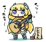 acoustic_guitar angela_balzac blue_eyes blush bodysuit chibi deva_battle_suit eyebrows eyebrows_visible_through_hair full_body guitar headgear holding holding_instrument instrument long_hair low_twintails motion_lines music playing_instrument poncho puckered_lips rakuen_tsuihou serizawa_enono shadow sign simple_background solo standing tin_can translation_request twintails very_long_hair white_background 