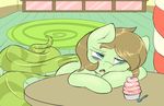  2016 aipony_(artist) blue_eyes brown_eyes dessert equine female fluffyxai food horse hybrid ice_cream mammal my_little_pony naga pony reptile scalie snake solo sugarcube_corner temakixai tired xaigatomon 