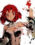  ahoge arm_up blood breasts brooch cleavage dress glowing glowing_eyes izetta jewelry large_breasts looking_at_viewer magic red_eyes red_hair serious shuumatsu_no_izetta solo sworgun torn_clothes white_background white_dress 