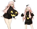  2girls breasts curvy flat_chest gourgeist hair_over_one_eye halloween huge_breasts long_hair multiple_girls oro_(zetsubou_girl) personification pink_hair pokemon ribbed_sweater sweater yellow_eyes 