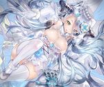  :p bare_shoulders breasts brown_eyes cleavage draph flower gloves granblue_fantasy hair_between_eyes hair_flower hair_ornament hat horns izmir large_breasts long_hair looking_at_viewer lying mezashi_gohan on_back panties pointy_ears silver_hair solo thighhighs tongue tongue_out underwear 