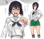  black_hair black_legwear blush breasts choker collarbone commentary_request girls_und_panzer green_skirt hair_between_eyes hands_on_hips highres kawashima_momo kneeling long_sleeves looking_at_viewer medium_breasts midriff monocle multiple_views navel neckerchief norinco ooarai_school_uniform open_mouth pleated_skirt pointing school_uniform serafuku shirt short_hair sketch skirt standing translation_request white_background white_shirt 