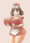  1girl android artist_request blue_eyes blush breasts cleavage gloves hand_on_breasts huge_breasts looking_at_viewer nurse robopon robot_joints 