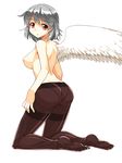  arched_back back breasts feathered_wings full_body highres kishin_sagume kneeling looking_at_viewer looking_back medium_breasts mono_(moiky) nipples panties panties_under_pantyhose pantyhose red_eyes short_hair silver_hair simple_background single_wing solo thighband_pantyhose topless touhou underwear white_background white_wings wings 