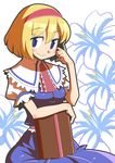  :&gt; alice_margatroid blonde_hair blue_dress blue_eyes book capelet colorized dress floral_background hairband hand_on_own_cheek looking_at_viewer maru-sun puffy_short_sleeves puffy_sleeves red_hairband short_hair short_sleeves solo touhou white_capelet 